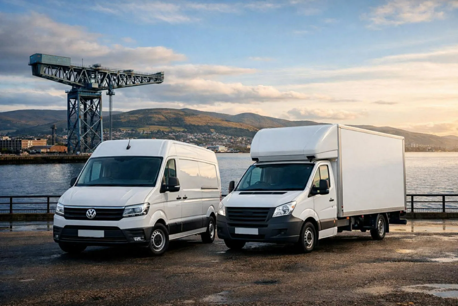 Tipping & Moving's white panel van and Luton removals van parked by the Clyde
